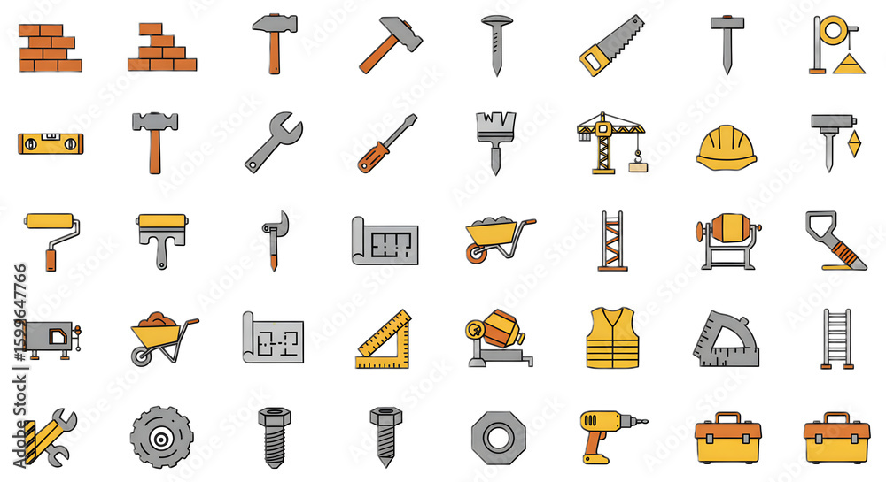 Collection of Construction and Building Tools Icons in Bright Colors Collection of Construction and Building Tools Icons in Bright Colors