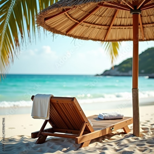 Wooden Beach Chair and Straw Umbrella on White Sand