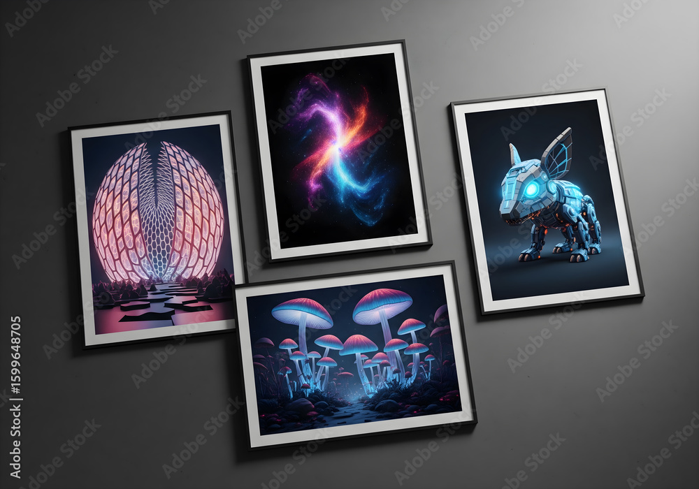 Fototapeta premium AI art gallery wall mockup showcasing future creative innovation. Mood Board Displaying a Curated Collage of Four Hyper-Detailed AI-Generated Images in Minimalist Black Frames on a Dark-Grey Surface