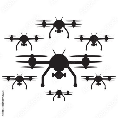 A swarm of black quadcopter drones arranged in a circular formation against a clean white background