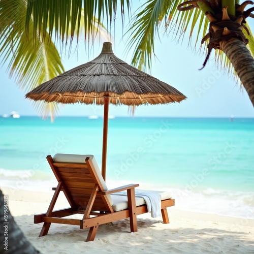 Wooden Beach Chair and Straw Umbrella on White Sand