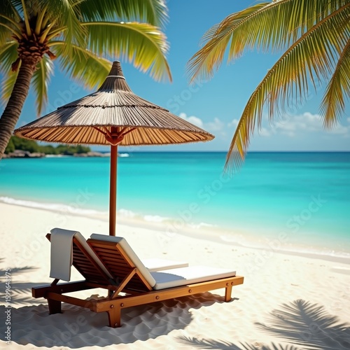Wooden Beach Chair and Straw Umbrella on White Sand