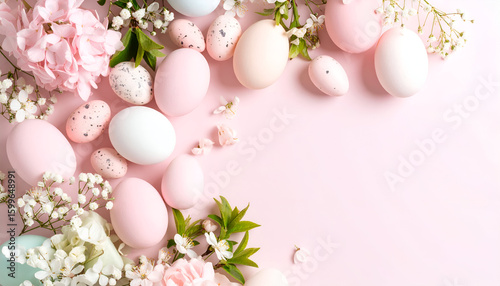 Pastel Easter eggs with flowers, and spring.