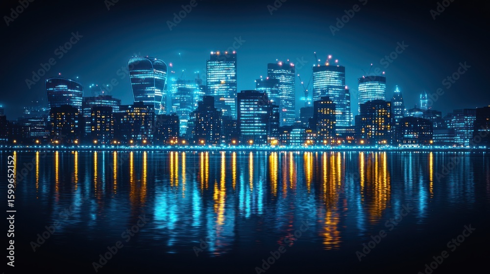 Naklejka premium Night Cityscape: London's Skyline Reflecting on Calm Waters
