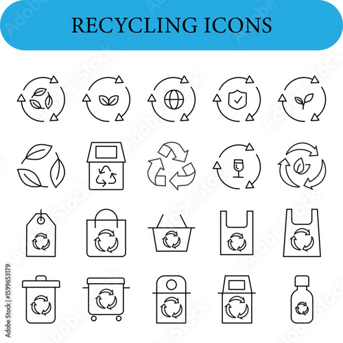 recycling Vector Icon Set. Included are circular arrows, leaves, a globe, a check mark, and a wine glass, representing different aspects of recycling and eco-friendliness. 