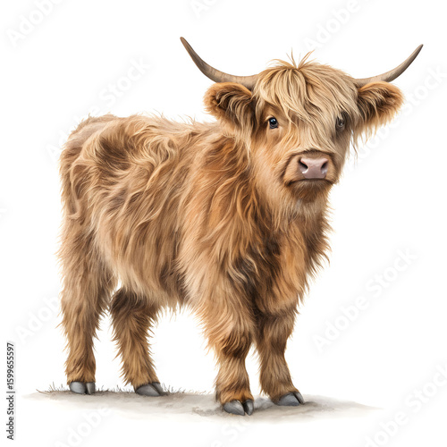 young highland cow on a white isolated