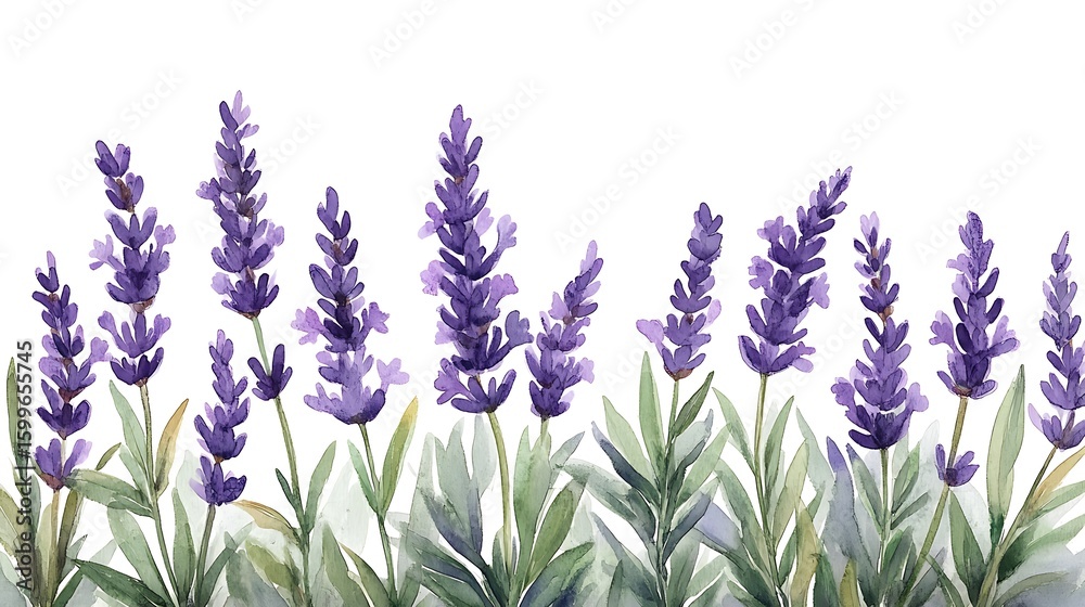 Fototapeta premium Watercolor lavender flowers with green leaves are aligned on a white transparent background