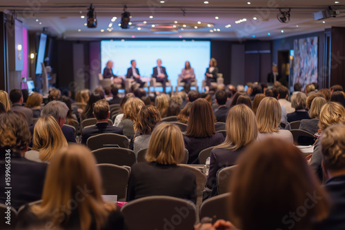 Business conference audience listening to panel discussion in modern conference room