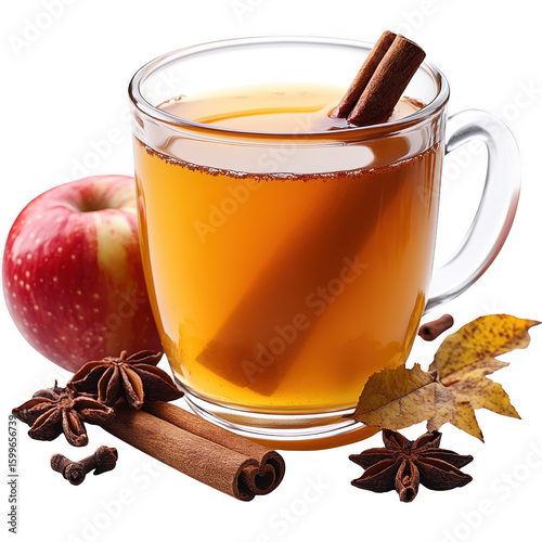 A steaming mug of hot apple cider with cinnamon sticks and star anise garnished with a fresh red apple and autumn leaves isolated on transparent background