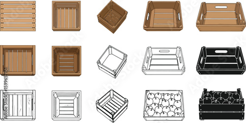 Various wooden crates for storage and transport illustration for product packaging and organization needs editable