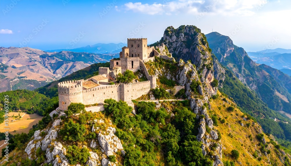 Obraz premium Aerial view of a mountaintop castle
