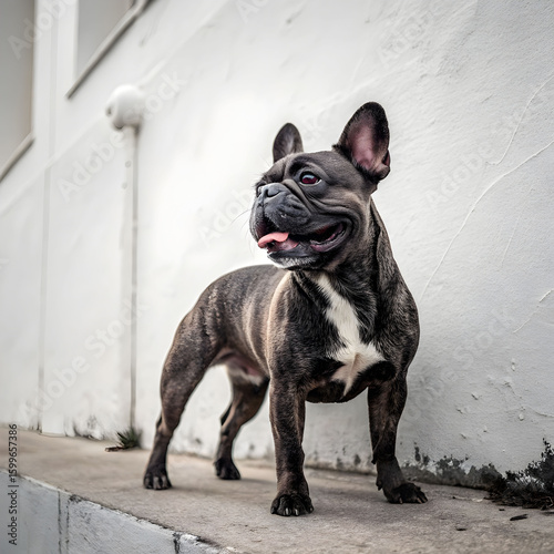 French bulldog standing in front of white wall