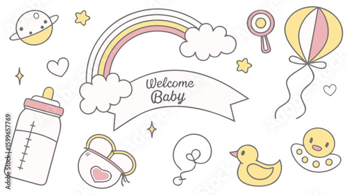 Pastel Baby Shower Design with Toys, Rainbow, and Welcome Baby Banner