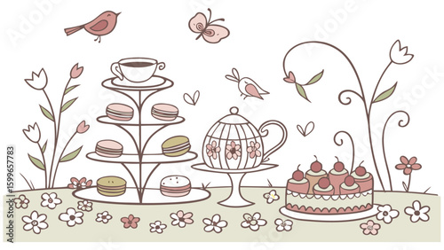 Tea Time Gathering Illustration with Teacups, Cookies, and Floral Elements