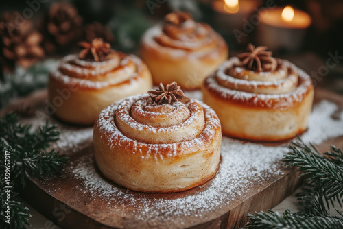 cinnamon buns on a wooden board with a distant candle light.
