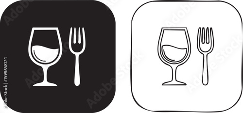 Two stylized icons representing dining and drinking with a wine glass and fork on black and white backgrounds