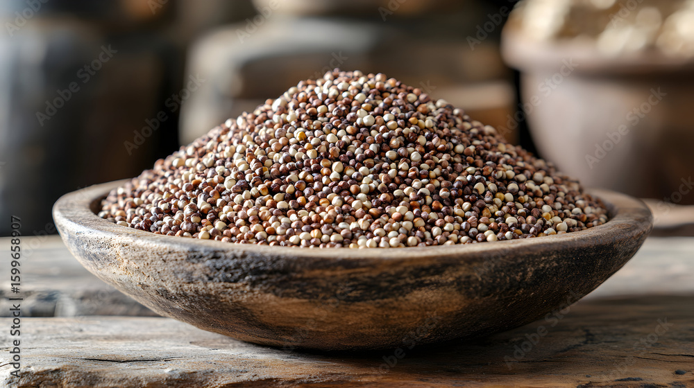 A wooden bowl of brown caraway seeds on a wooden surface. A wooden bowl of brown caraway seeds on a wooden surface.