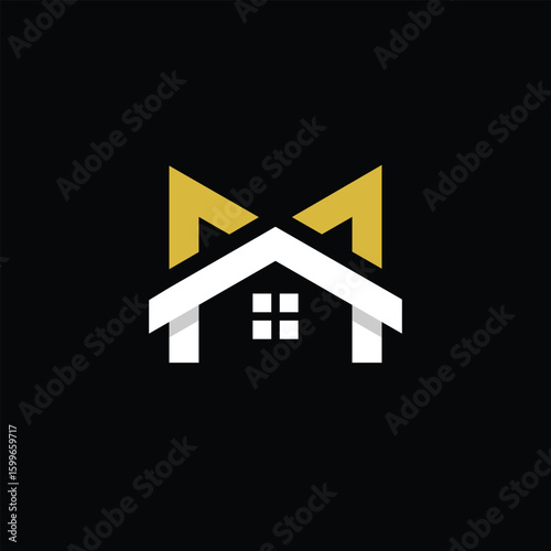 The image shows a logo design of a letter M in house shape in white and gold color in simple flat style that looks clean and modern on a black background