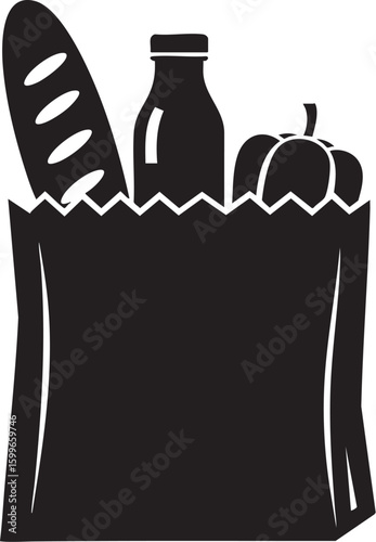 Simple black silhouette of a paper grocery bag filled with fresh food items like bread a bottle and a bell pepper