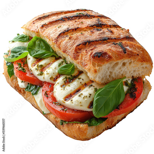 Delicious caprese panini sandwich with fresh mozzarella tomatoes and basil on grilled ciabatta bread isolated on transparent background