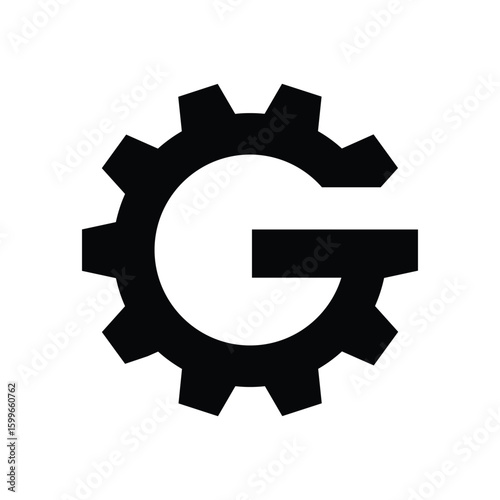 The image shows a logo design of a letter G in round gear shape in black color in simple flat style that looks clean and modern on a white background