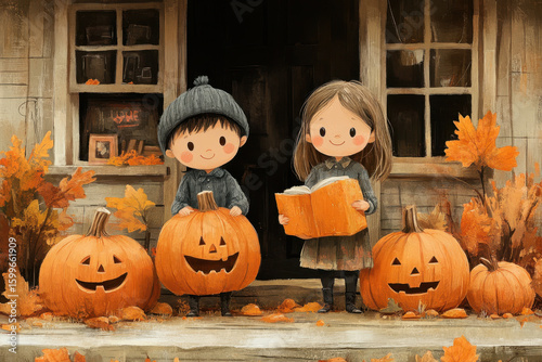 children sitting on steps with pumpkins.