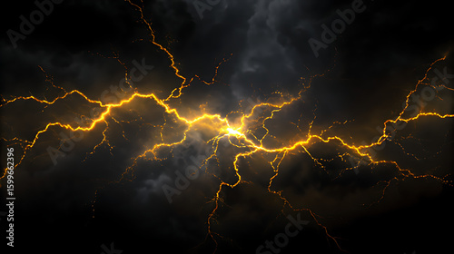 Golden Lightning Bolts Striking Dark Storm Clouds Dramatic Energy Background electricity