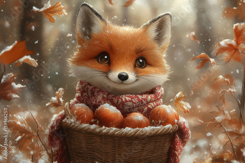 Fox in basket with autumn leaves.