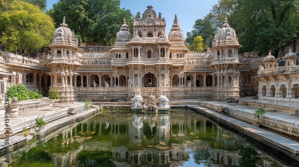 Fototapeta premium Ancient marble complex reflects in serene pool