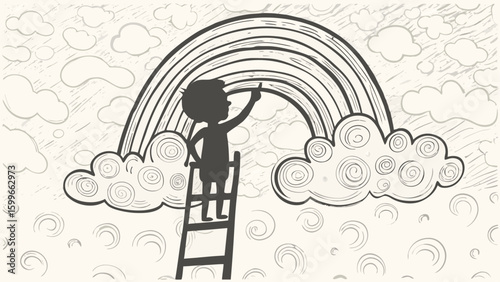 Silhouette of a child on a ladder reaching for a rainbow amidst clouds and rain in a whimsical drawing