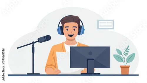 Young man with headphones and microphone recording content at his desk