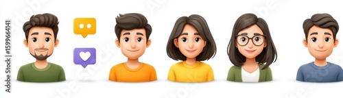 Five diverse cartoon avatars with different hairstyles and clothing, accompanied by social media icons representing likes and messages.