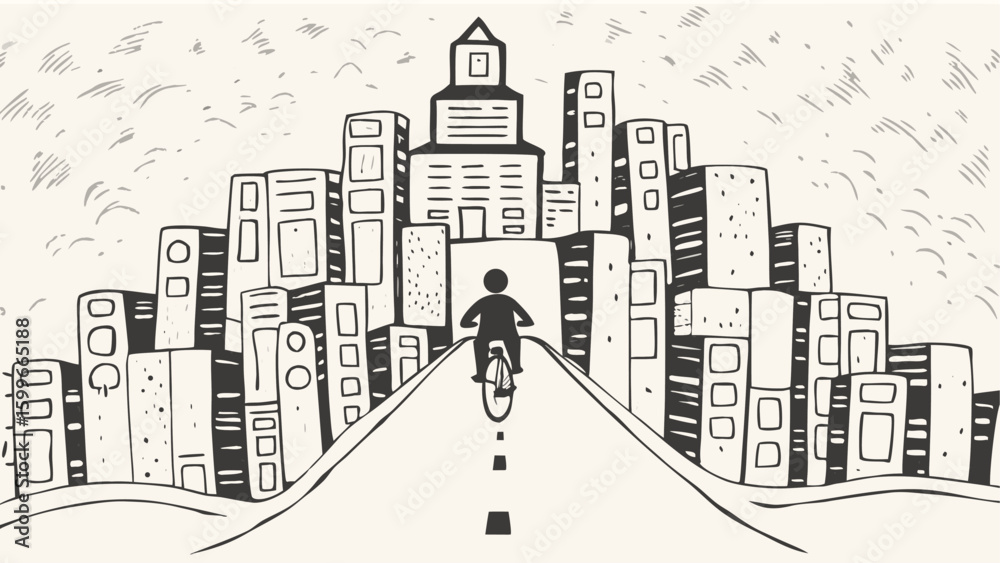 Obraz premium Person cycling on road towards city skyline with skyscrapers and buildings in monochrome drawing style silhouette