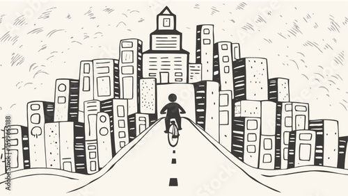 Person cycling on road towards city skyline with skyscrapers and buildings in monochrome drawing style silhouette