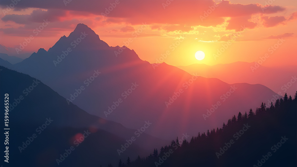 Fototapeta premium Dramatic mountain sunset with vibrant colors and tranquil atmosphere evokes peace