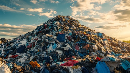 Massive mountain of discarded clothing waste under a dramatic sky