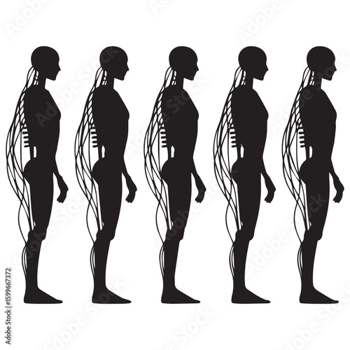 Silhouette comparison of human skeletal structure and posture showing spinal alignment and body shape variations