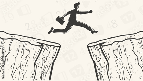 Man in suit jumping over a ravine with briefcase in hand in a black and white sketch illustration silhouette