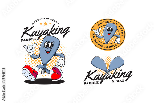 Kayaking paddle colorful retro cartoon character illustration set with running pose and ok hand for sport club mascots. Kayaking paddle sport badge design in vintage cartoon style
