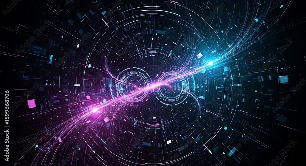 Fototapeta premium Digital Universe Collision Experiencing Quantum Entanglement and Energy Transfer in a Futuristic Abstract Network