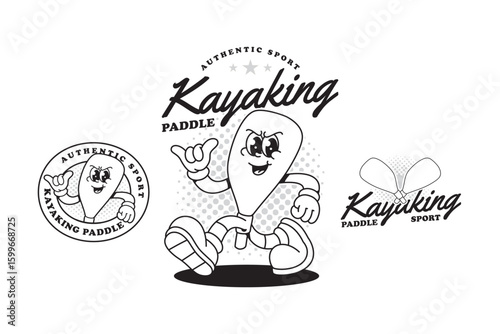 Kayaking paddle line art retro cartoon character illustration set with running pose and ok hand for sport club mascots. Kayaking paddle sport outline badge design in vintage cartoon style