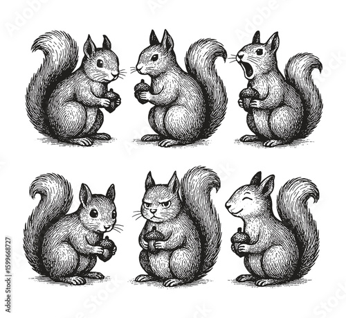 Cute black and white sketch of six squirrels holding acorns, each with different expressions and poses.