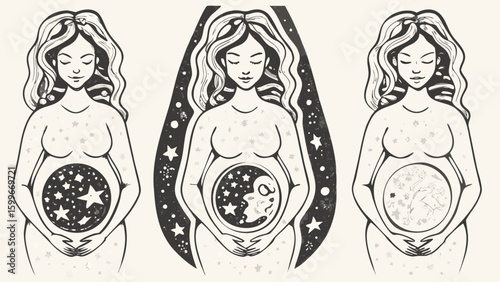 Three pregnant women with celestial bodies in their bellies in black and white illustration style silhouette
