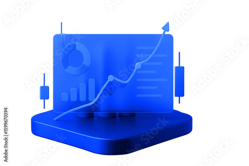 3D Financial Data Visualization with Line Graph, Pie Chart, and Candlestick Elements – Transparent PNG for Business and Market Analytics