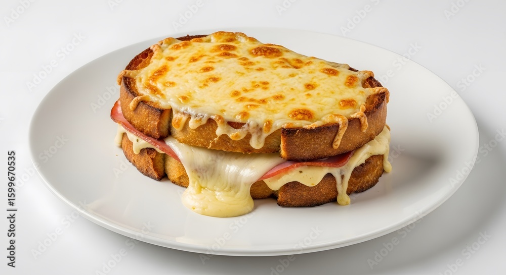 Delicious Croque Monsieur Sandwich with Melted Cheese on White Plate, Close-Up Delicious Croque Monsieur Sandwich with Melted Cheese on White Plate, Close-Up