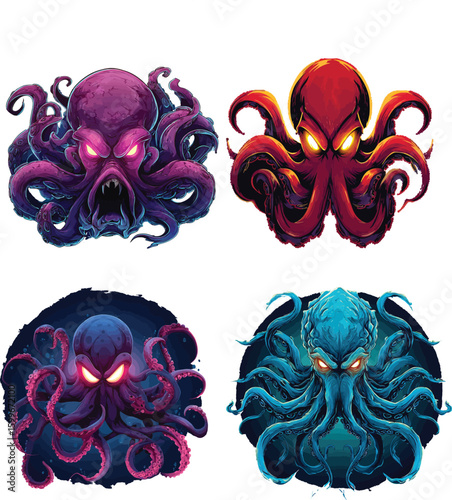 set of angry octopus mascot