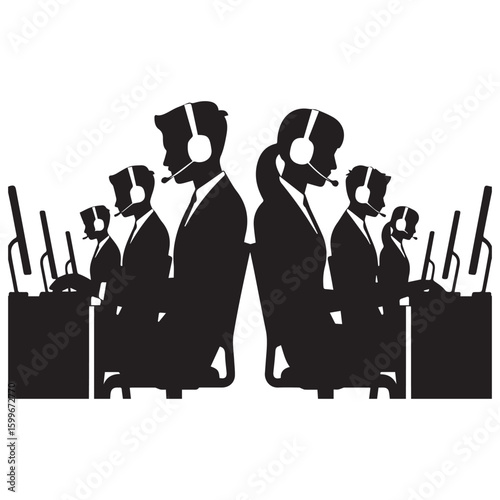 Silhouette of a diverse team of customer service representatives wearing headsets working together at computers in a call center environment