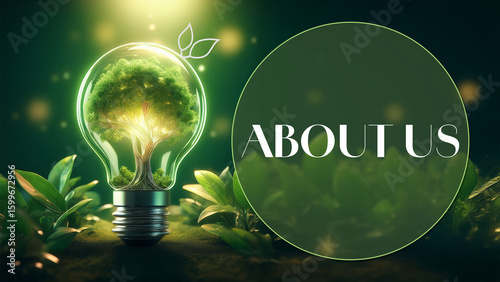 About Us Green Bulb Nature Circle Leaves Tree Text 