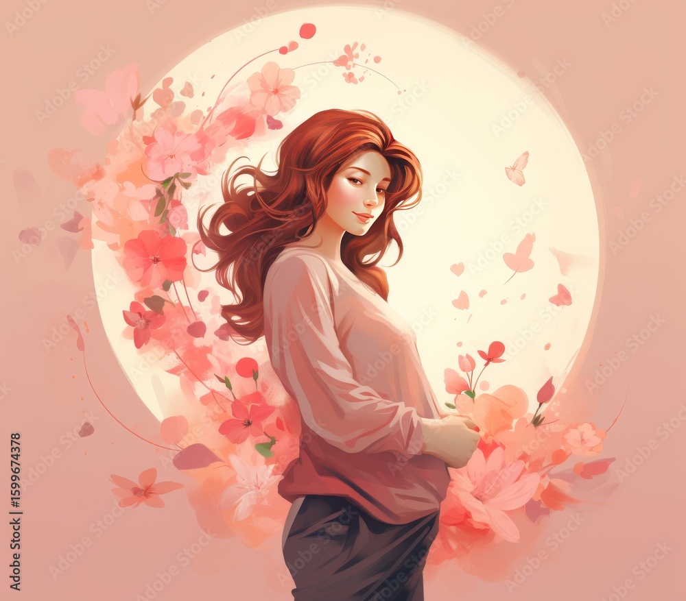 Fototapeta premium A Gentle Bloom: A serene pregnant woman, embraced by soft hues and delicate floral accents, embodies the gentle beauty of motherhood and the promise of new life.