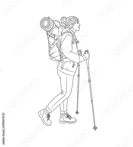Line art illustration of female hiker with backpack and trekking poles isolated on white